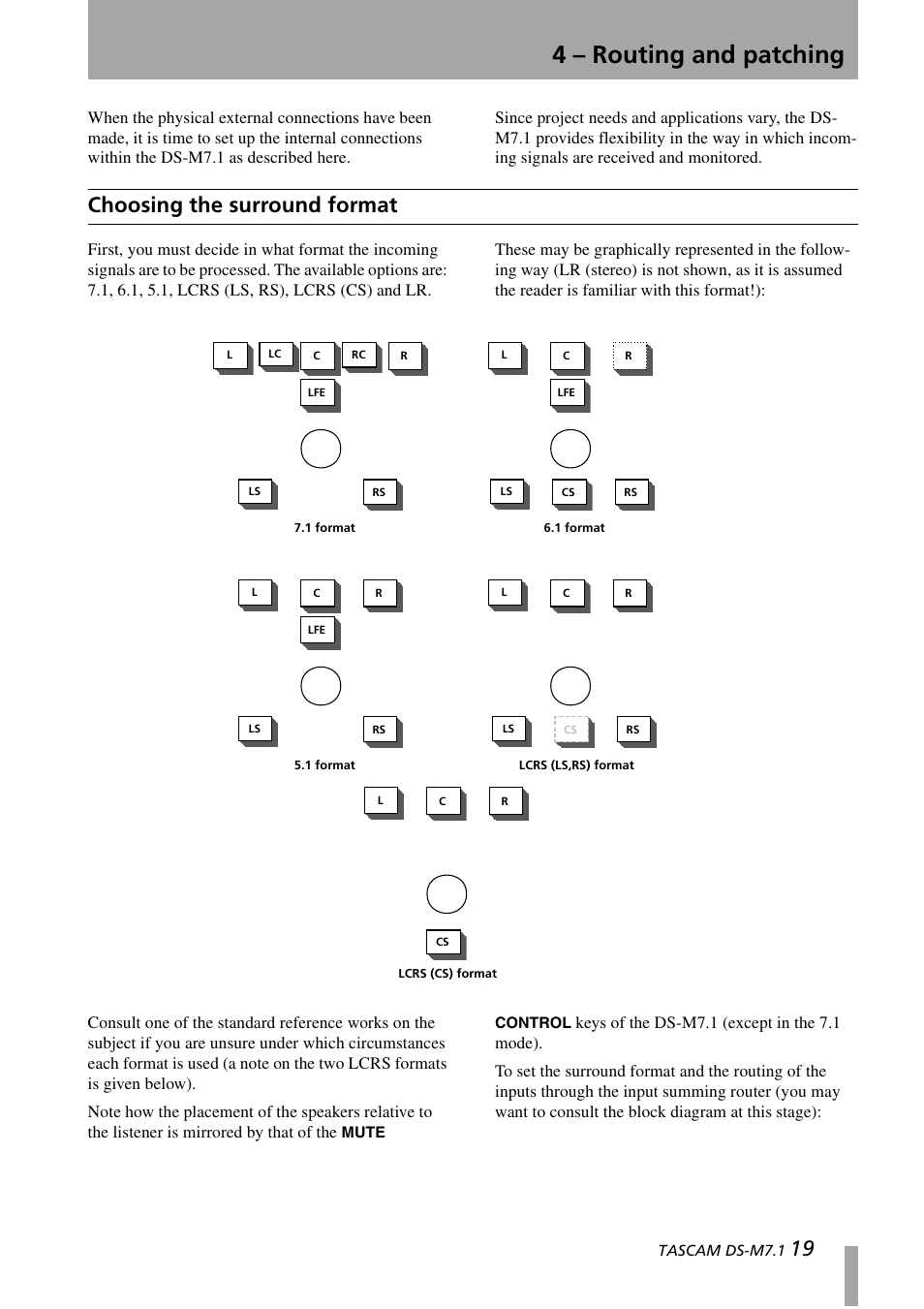 4 – routing and patching, Choosing the surround format | Tascam DS-M7.1 User Manual | Page 19 / 40