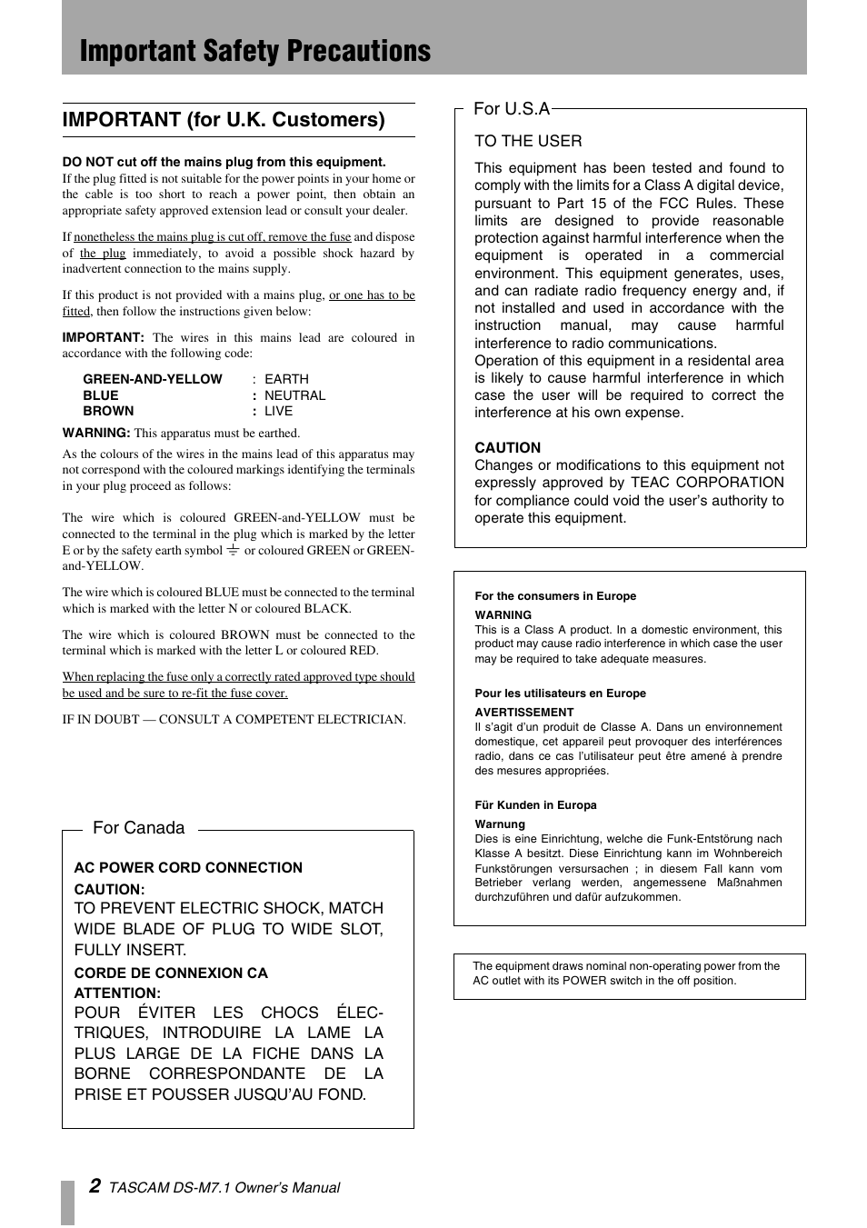 Important safety precautions, Important (for u.k. customers), For u.s.a for canada | Tascam DS-M7.1 User Manual | Page 2 / 40
