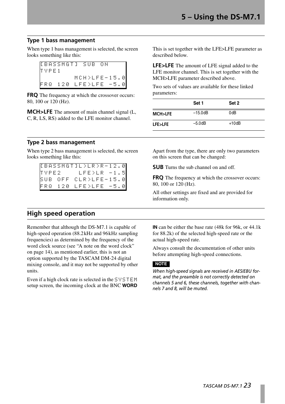 Type 1 bass management, Type 2 bass management, High speed operation | Type 1 bass management type 2 bass management, 5 – using the ds-m7.1 | Tascam DS-M7.1 User Manual | Page 23 / 40