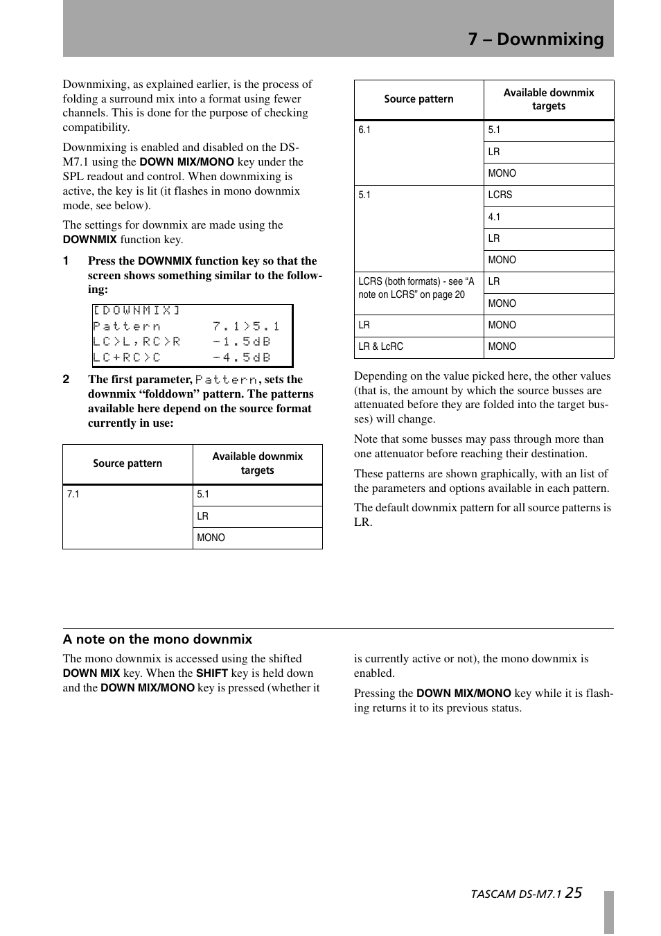 7 – downmixing, A note on the mono downmix, 7 – d | Tascam DS-M7.1 User Manual | Page 25 / 40