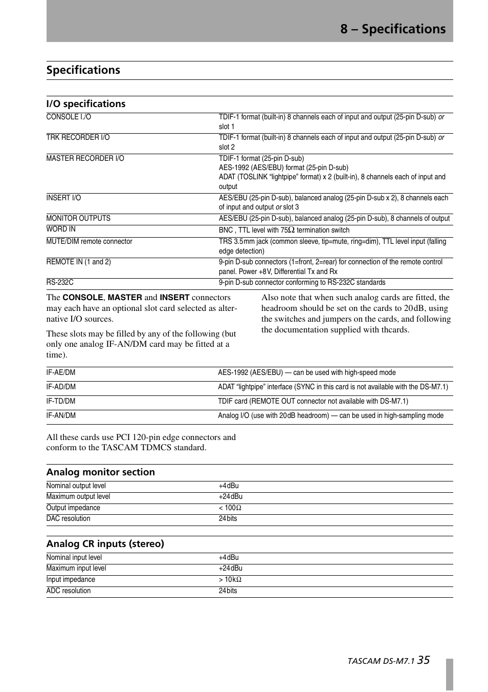 Specifications, I/o specifications, Analog monitor section | Analog cr inputs (stereo), 8 – specifications, 35 specifications | Tascam DS-M7.1 User Manual | Page 35 / 40