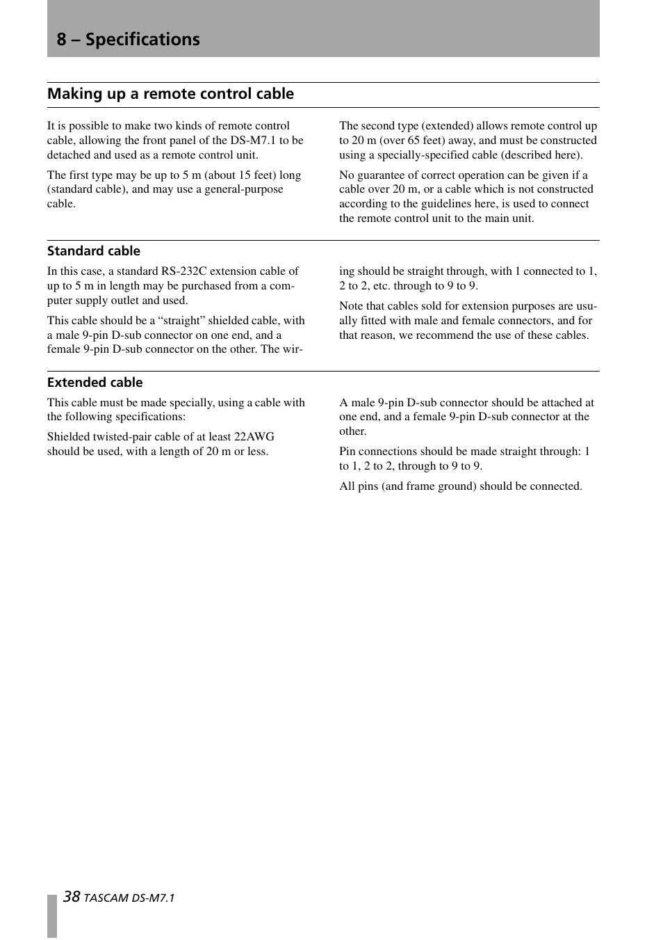 Making up a remote control cable, Standard cable, Extended cable | Standard cable extended cable, 8 – specifications | Tascam DS-M7.1 User Manual | Page 38 / 40