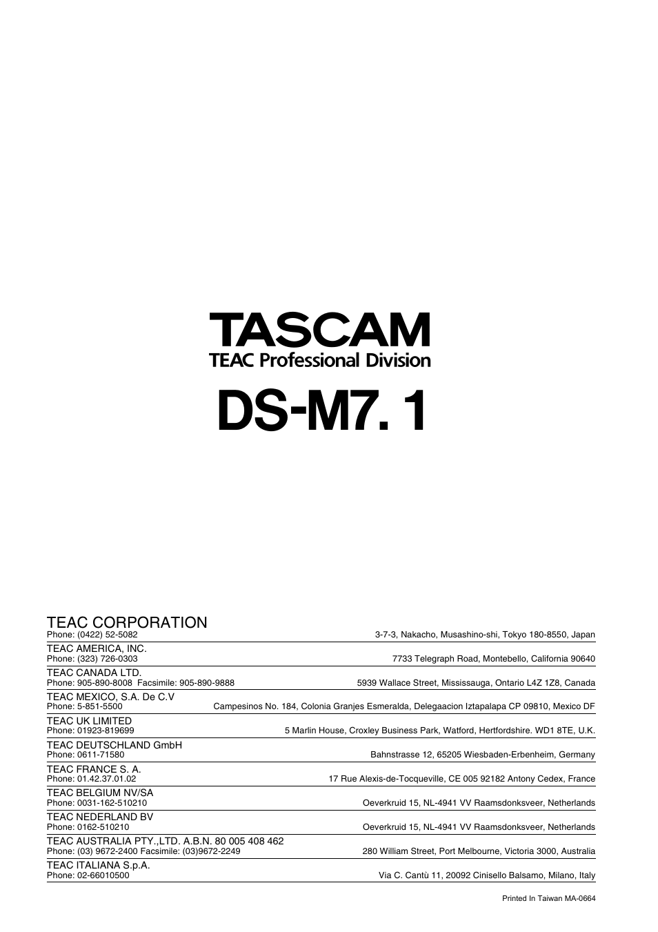 Ds-m7.1, Teac corporation | Tascam DS-M7.1 User Manual | Page 40 / 40