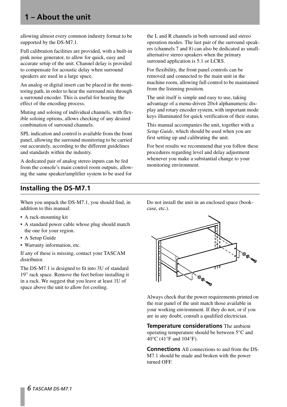 Installing the ds-m7.1, 1 – about the unit | Tascam DS-M7.1 User Manual | Page 6 / 40