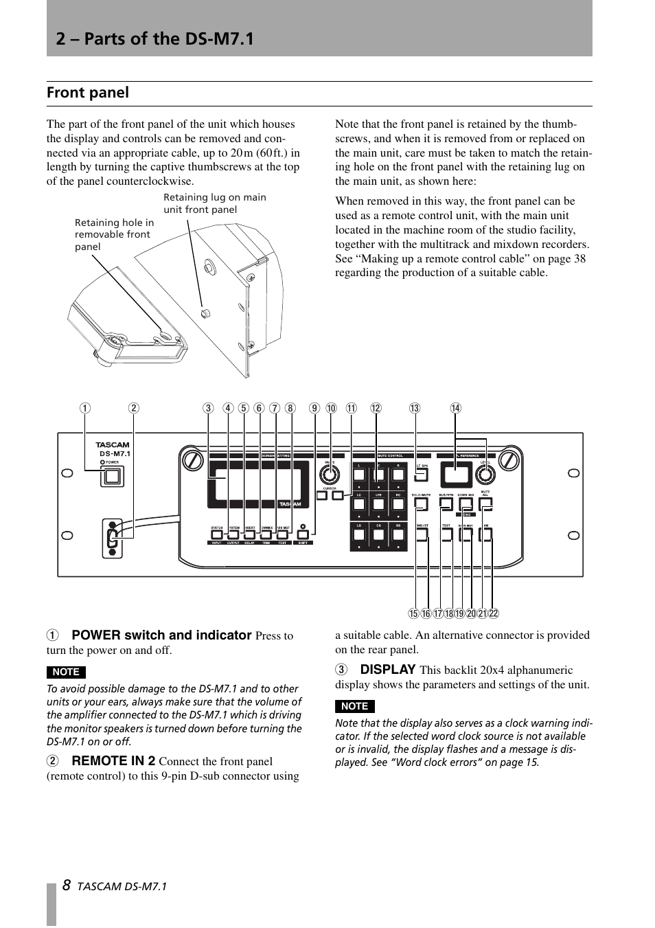 2 – parts of the ds-m7.1, Front panel | Tascam DS-M7.1 User Manual | Page 8 / 40