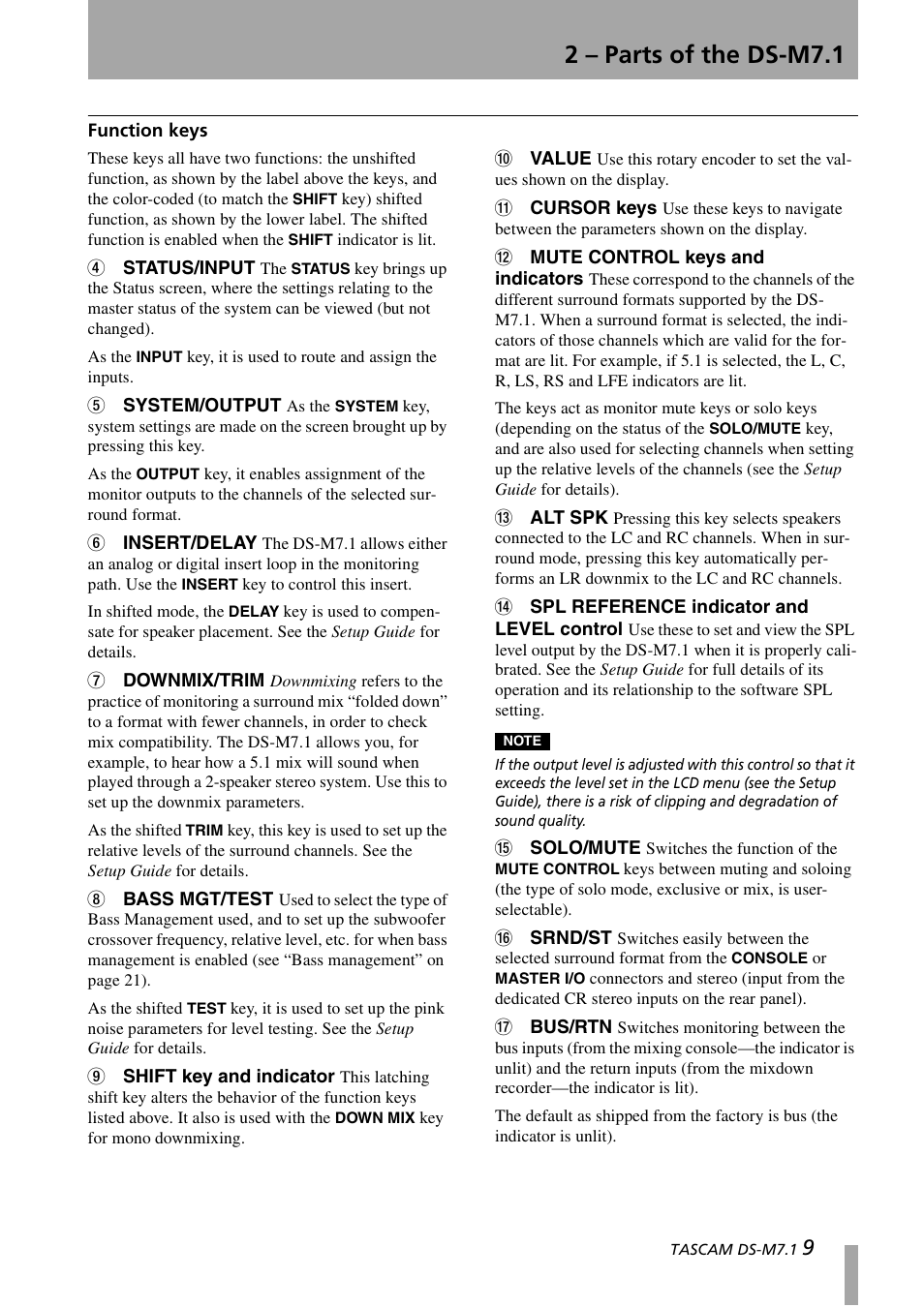 Function keys, 2 – parts of the ds-m7.1 | Tascam DS-M7.1 User Manual | Page 9 / 40