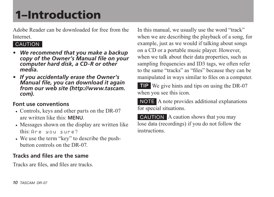 1–introduction | Tascam DR-07 User Manual | Page 10 / 96