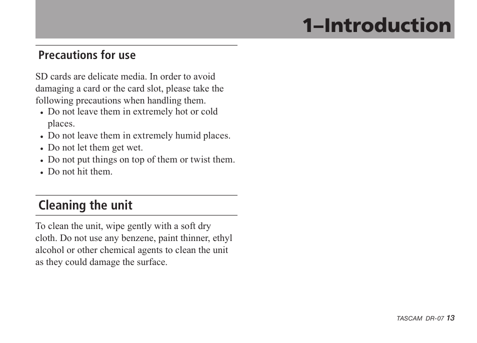 Precautions for use, Cleaning the unit, 1–introduction | Tascam DR-07 User Manual | Page 13 / 96