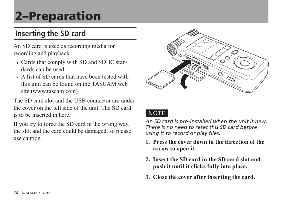 2–preparation, Inserting the sd card, 2–preparation 14 | Tascam DR-07 User Manual | Page 14 / 96