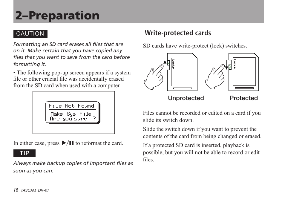 Write-protected cards, 2–preparation | Tascam DR-07 User Manual | Page 16 / 96