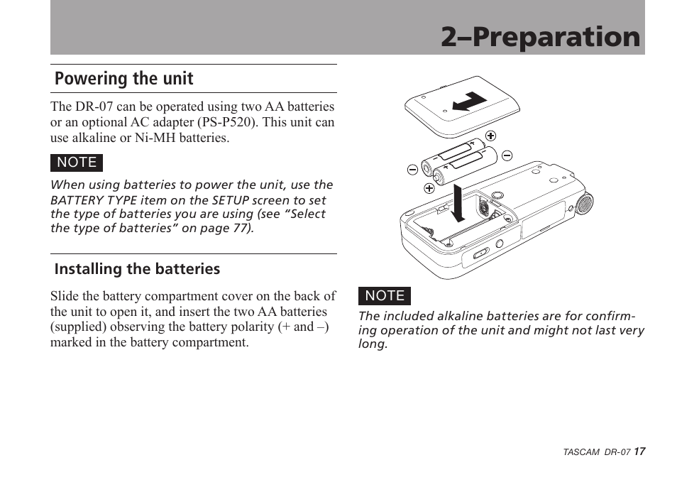 Powering the unit, Installing the batteries, 2–preparation | Tascam DR-07 User Manual | Page 17 / 96