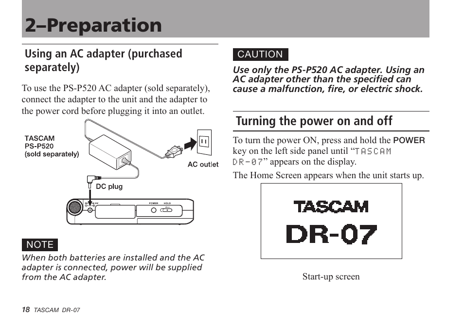 Using an ac adapter (purchased separately), Turning the power on and off, 2–preparation | Tascam DR-07 User Manual | Page 18 / 96