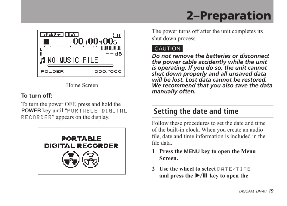 Setting the date and time, 2–preparation | Tascam DR-07 User Manual | Page 19 / 96