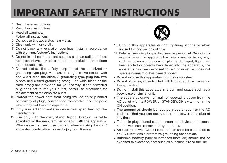 Important safety instructions | Tascam DR-07 User Manual | Page 2 / 96