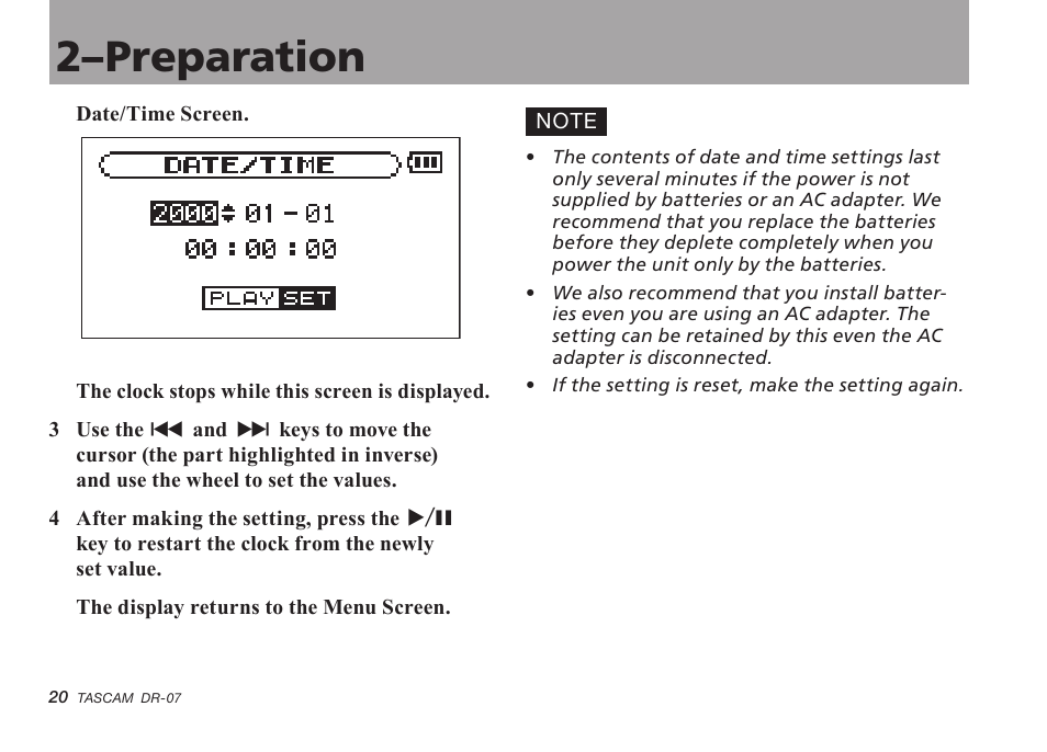 2–preparation | Tascam DR-07 User Manual | Page 20 / 96