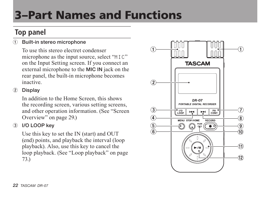 3–part names and functions, Top panel, 3–part names and functions 22 | Tascam DR-07 User Manual | Page 22 / 96