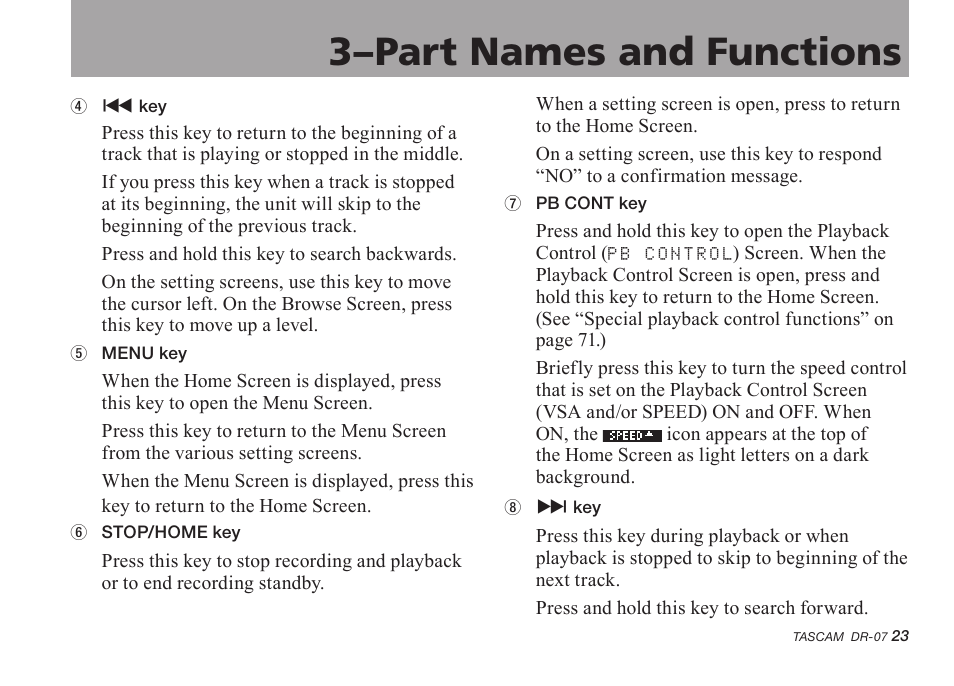 3–part names and functions | Tascam DR-07 User Manual | Page 23 / 96