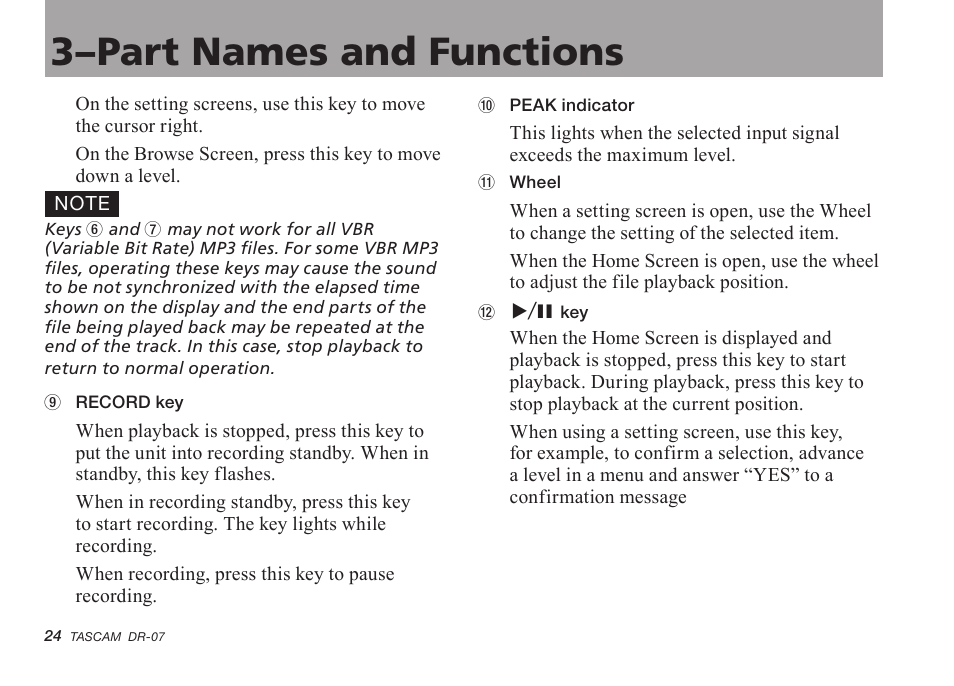 3–part names and functions | Tascam DR-07 User Manual | Page 24 / 96