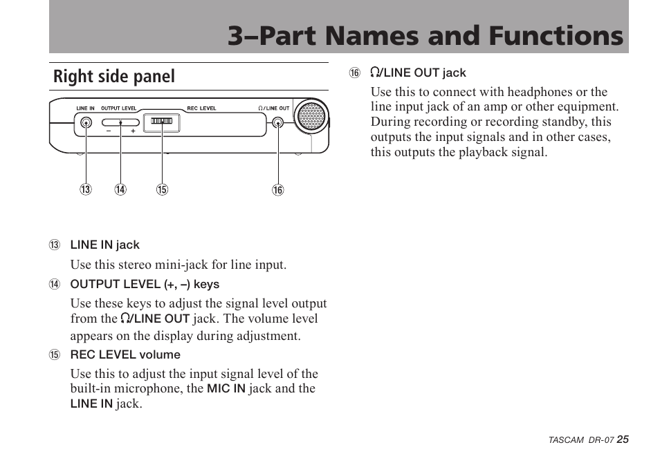 Right side panel, 3–part names and functions | Tascam DR-07 User Manual | Page 25 / 96