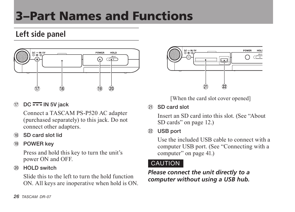 Left side panel, 3–part names and functions | Tascam DR-07 User Manual | Page 26 / 96