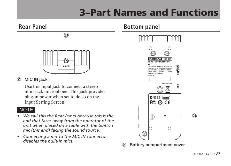 Rear panel, Bottom panel, 3–part names and functions | Tascam DR-07 User Manual | Page 27 / 96