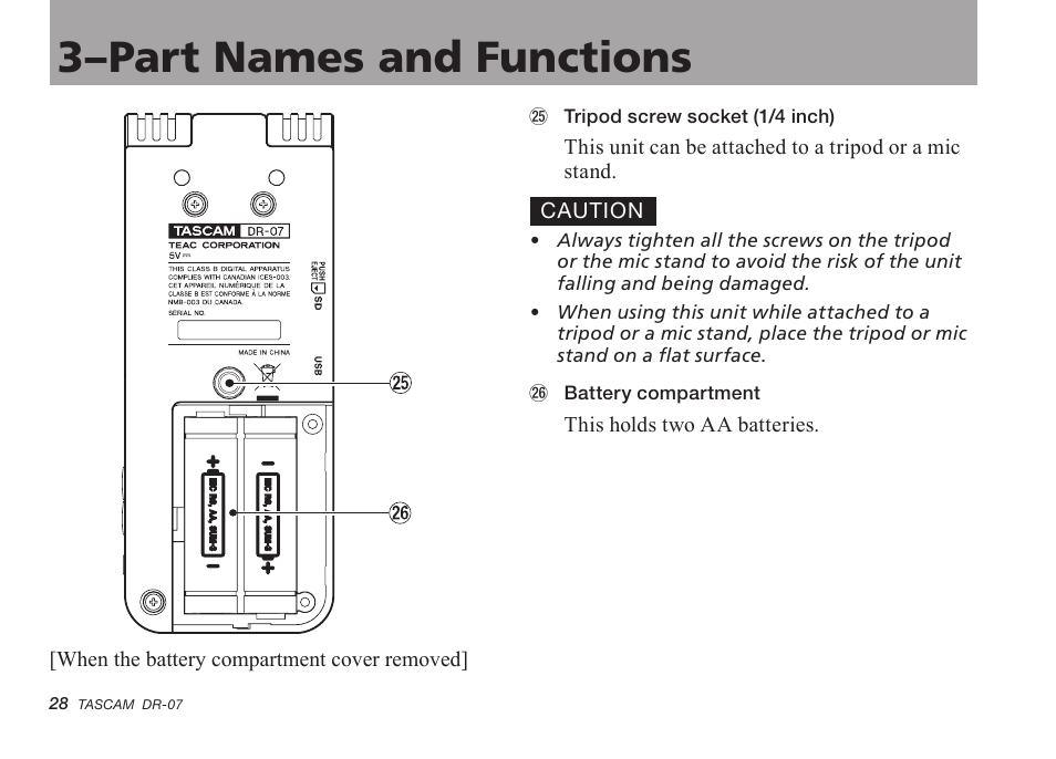 3–part names and functions | Tascam DR-07 User Manual | Page 28 / 96