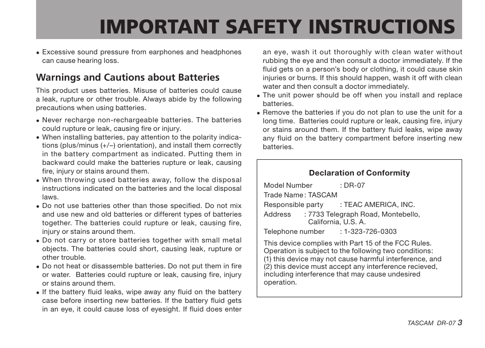 Important safety instructions, Warnings and cautions about batteries | Tascam DR-07 User Manual | Page 3 / 96