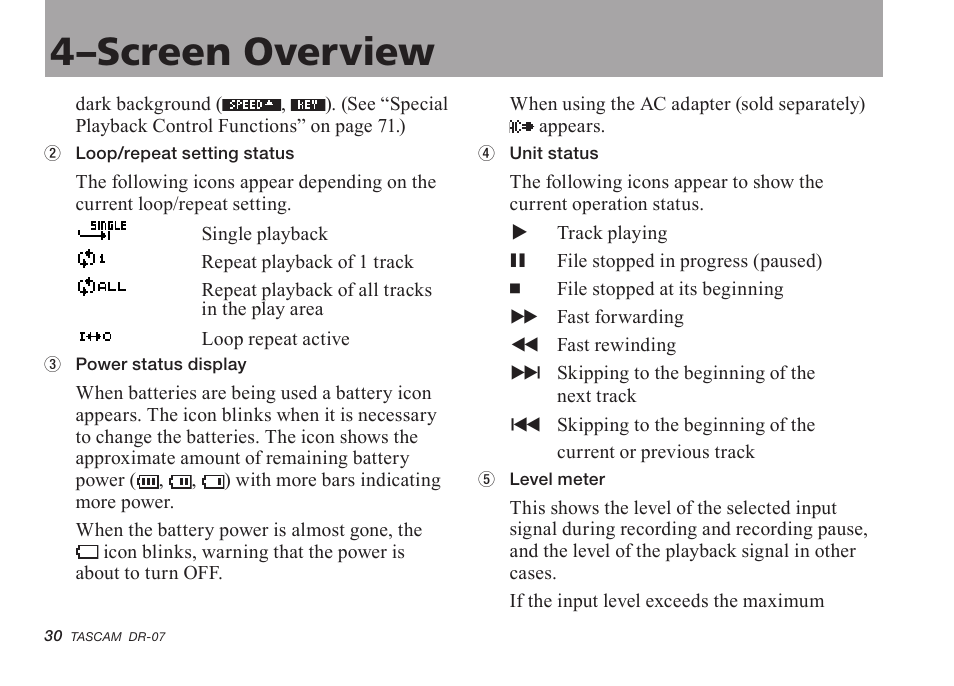 4–screen overview | Tascam DR-07 User Manual | Page 30 / 96