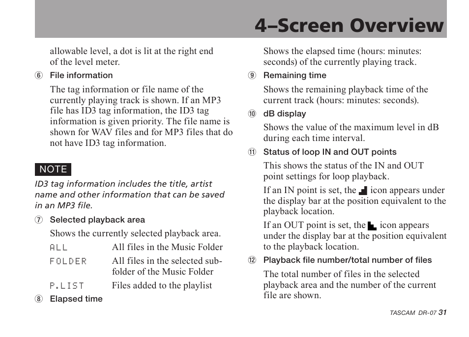 4–screen overview | Tascam DR-07 User Manual | Page 31 / 96