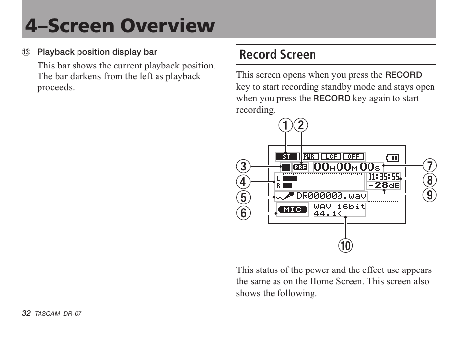 Record screen, 4–screen overview | Tascam DR-07 User Manual | Page 32 / 96