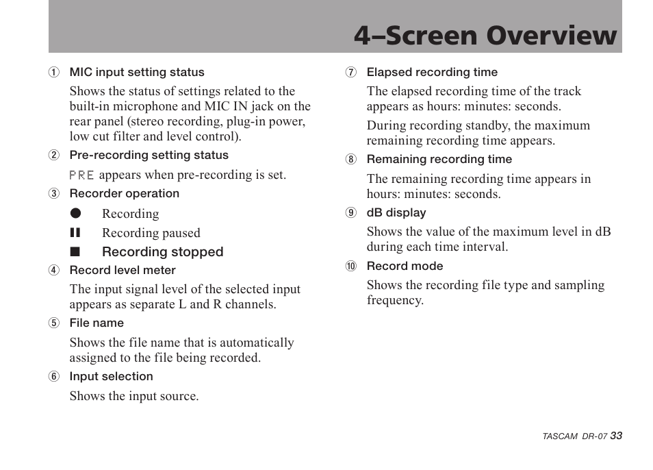 4–screen overview | Tascam DR-07 User Manual | Page 33 / 96