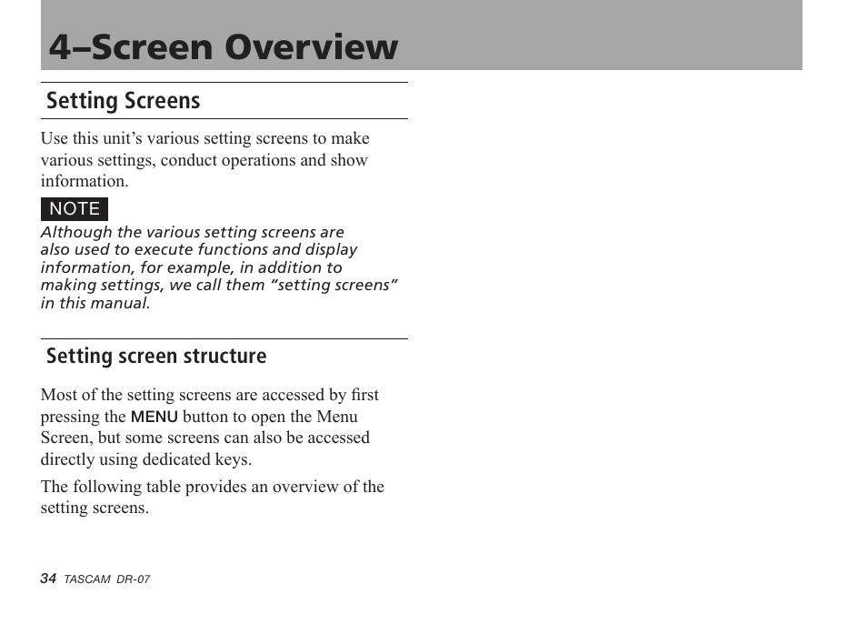 Setting screens, Setting screen structure, 4–screen overview | Tascam DR-07 User Manual | Page 34 / 96