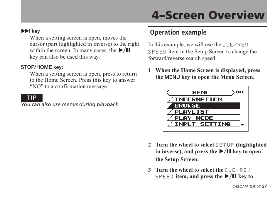 Operation example, 4–screen overview | Tascam DR-07 User Manual | Page 37 / 96