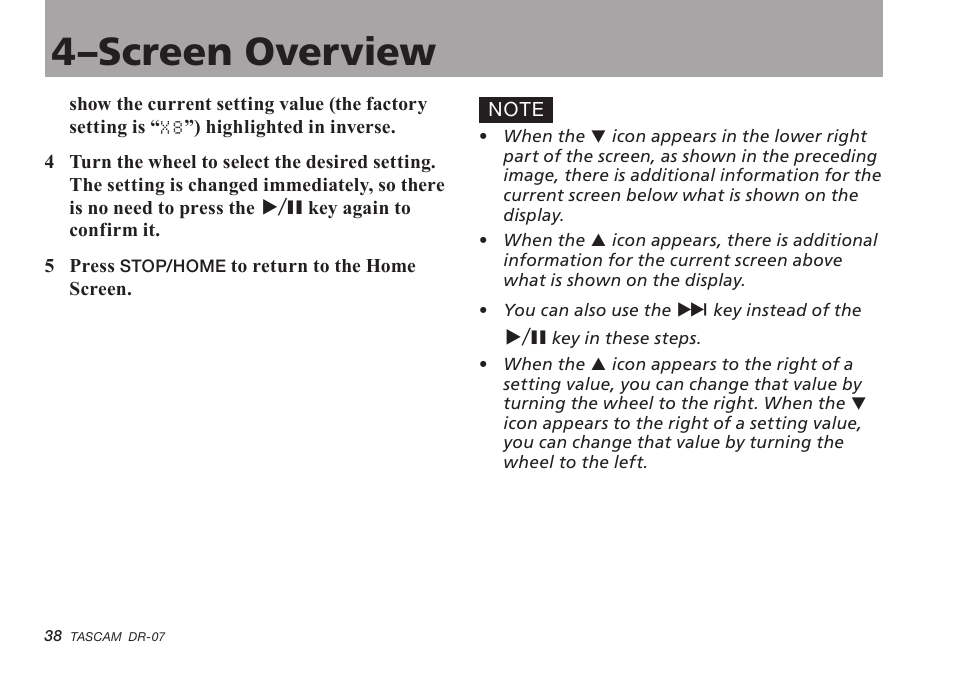 4–screen overview | Tascam DR-07 User Manual | Page 38 / 96