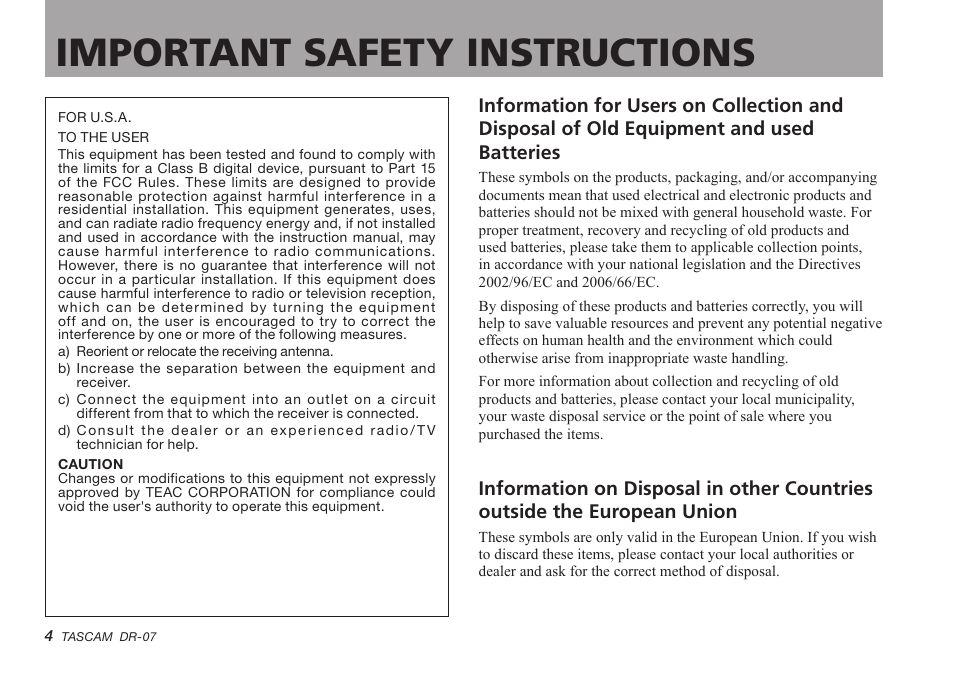 Important safety instructions | Tascam DR-07 User Manual | Page 4 / 96