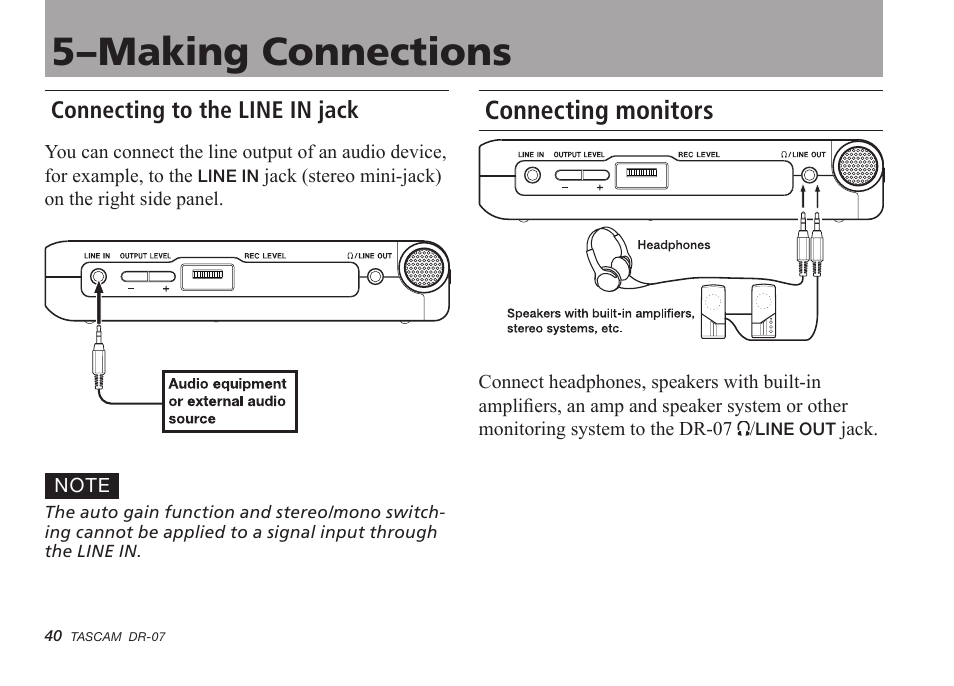 Connecting to the line in jack, Connecting monitors, 5–making connections | Tascam DR-07 User Manual | Page 40 / 96