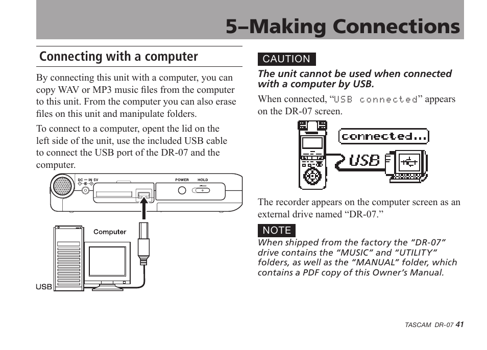 Connecting with a computer, 5–making connections | Tascam DR-07 User Manual | Page 41 / 96