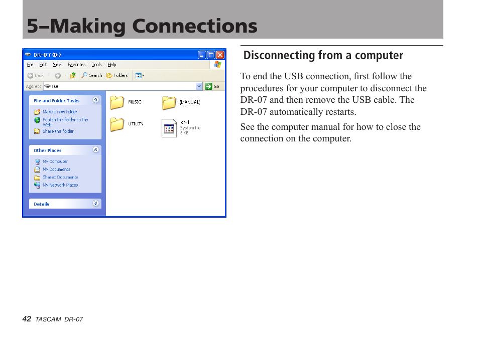 Disconnecting from a computer, 5–making connections | Tascam DR-07 User Manual | Page 42 / 96