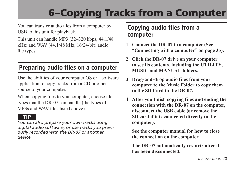 6–copying tracks from a computer, Preparing audio files on a computer, Copying audio files from a computer | 6–copying tracks from a computer 43 | Tascam DR-07 User Manual | Page 43 / 96