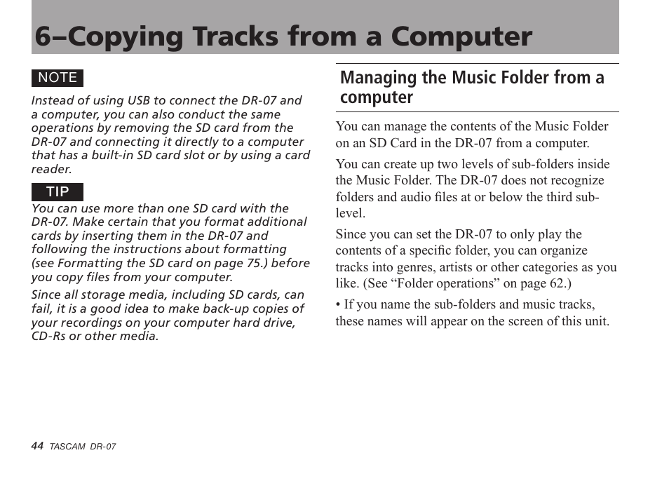 Managing the music folder from a computer, 6–copying tracks from a computer | Tascam DR-07 User Manual | Page 44 / 96