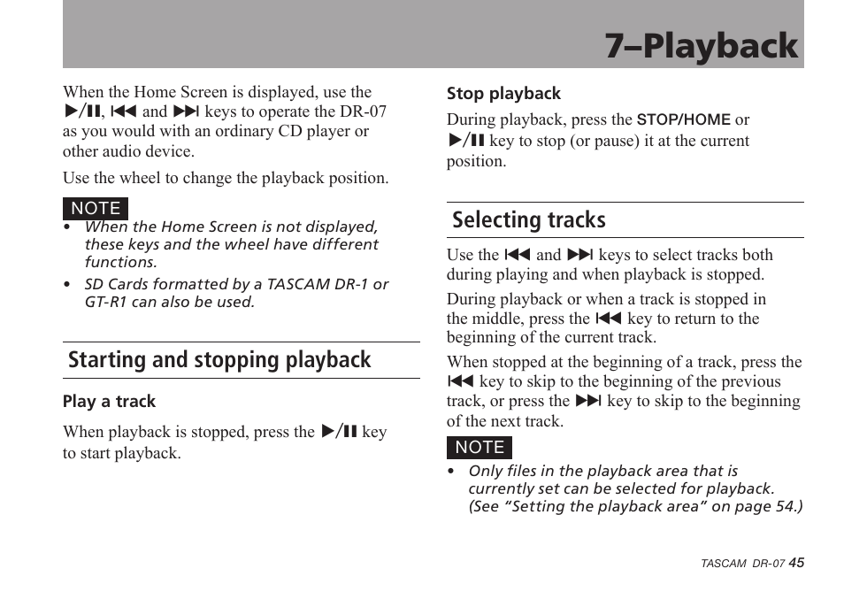 7–playback, Starting and stopping playback, Selecting tracks | 7–playback 45 | Tascam DR-07 User Manual | Page 45 / 96