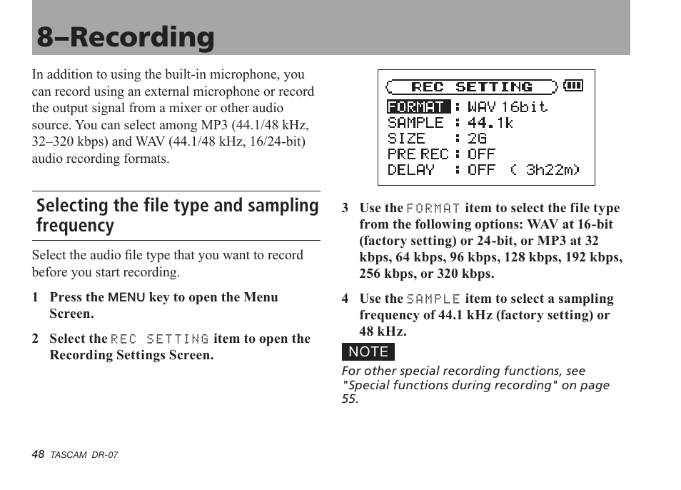 8–recording, Selecting the file type and sampling frequency, 8–recording 48 | Tascam DR-07 User Manual | Page 48 / 96