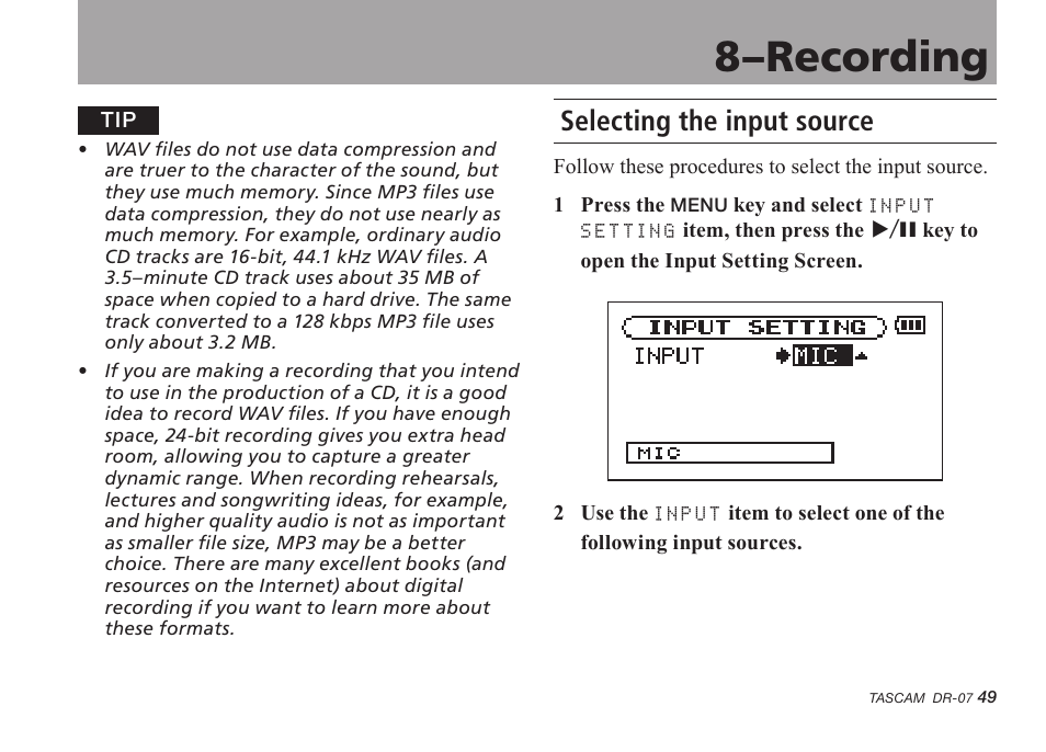 Selecting the input source, 8–recording | Tascam DR-07 User Manual | Page 49 / 96