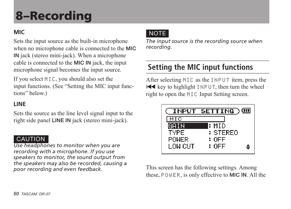 Setting the mic input functions, 8–recording | Tascam DR-07 User Manual | Page 50 / 96