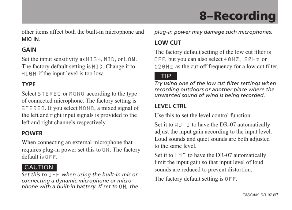 8–recording | Tascam DR-07 User Manual | Page 51 / 96