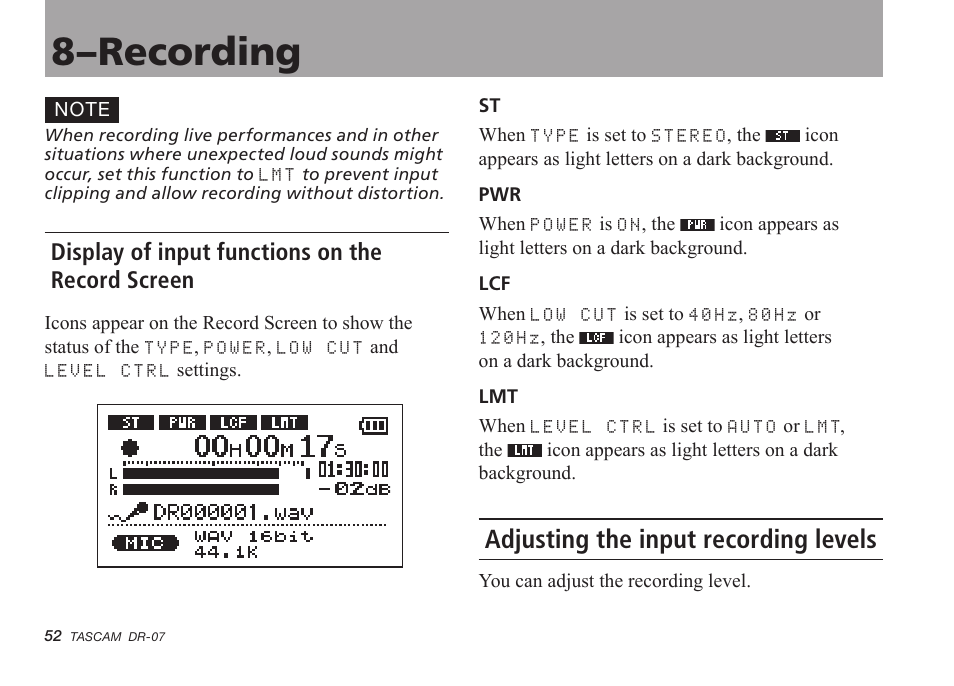 Display of input functions on the record screen, Adjusting the input recording levels, 8–recording | Tascam DR-07 User Manual | Page 52 / 96