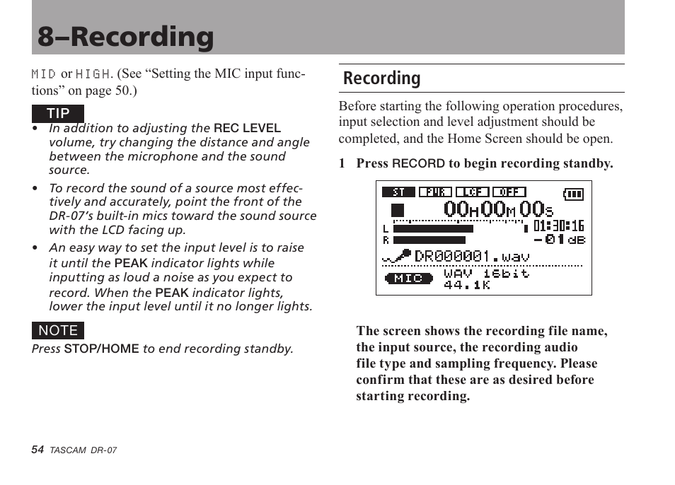 Recording, 8–recording | Tascam DR-07 User Manual | Page 54 / 96