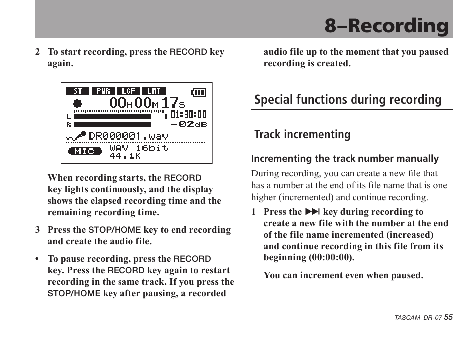 Special functions during recording, Track incrementing, 8–recording | Tascam DR-07 User Manual | Page 55 / 96