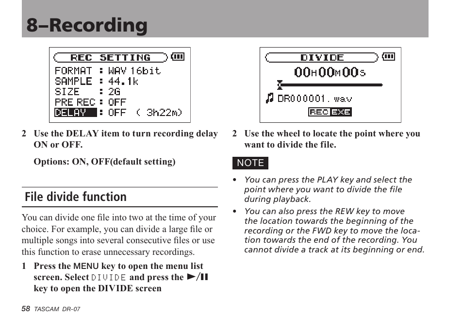 File divide function, 8–recording | Tascam DR-07 User Manual | Page 58 / 96