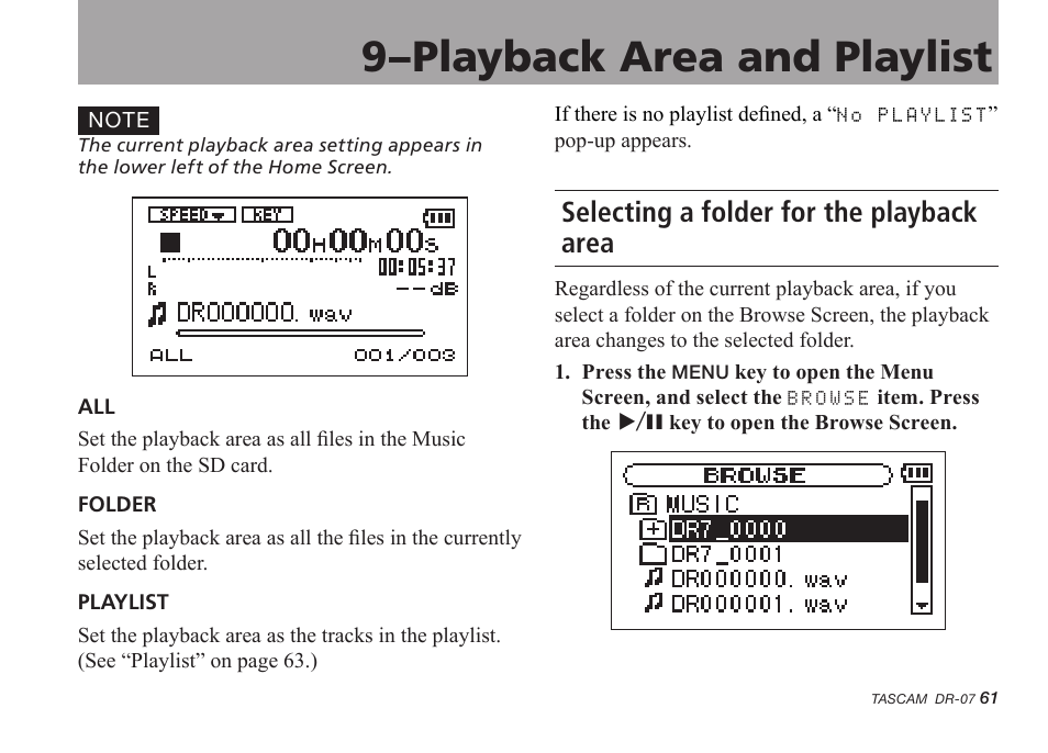 Selecting a folder for the playback area, 9–playback area and playlist | Tascam DR-07 User Manual | Page 61 / 96